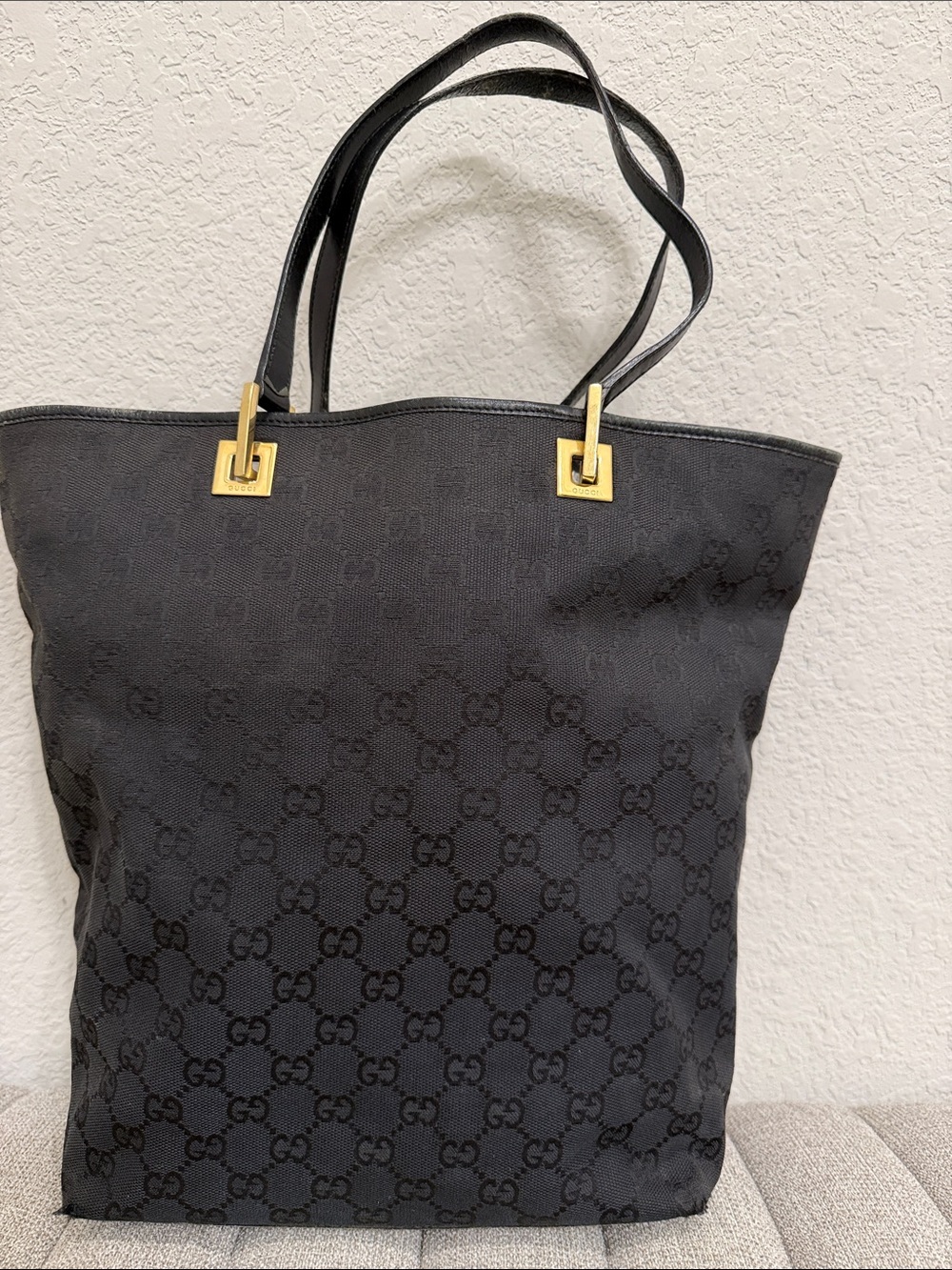 Black Gucci Logo-Pattern Tote Bag with Gold Accent Handles